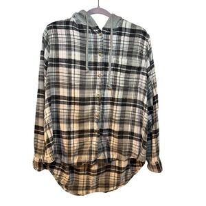 Time and Tru Womens XXL Black White Plaid Hooded Flannel Shirt Button